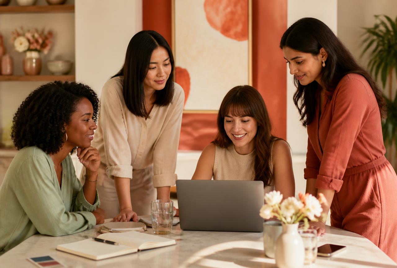 Women entrepreneurs collaborating around a laptop during an implementation lab