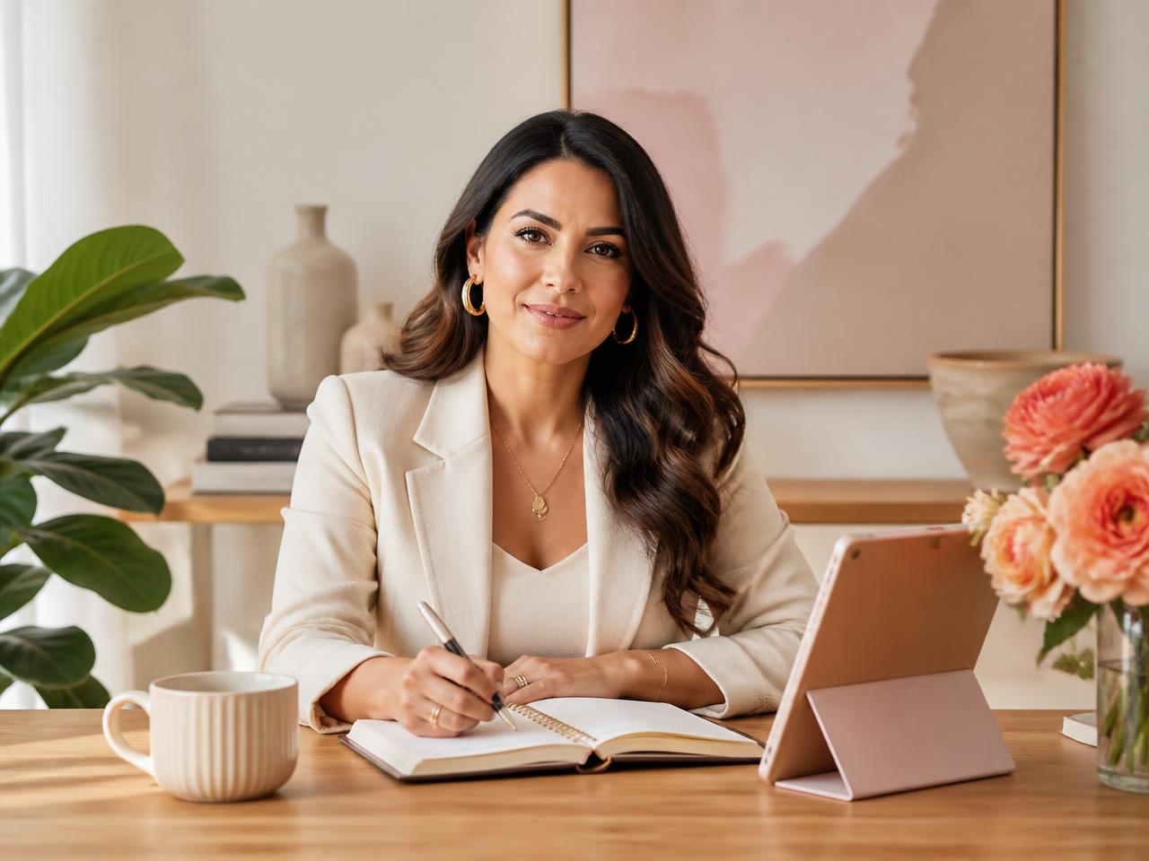 A woman entrepreneur working on her laptop in a warm, modern office